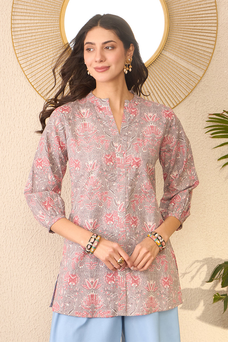 Grey Cotton Blend Floral Printed Regular Top VT1371 | DesiQlo