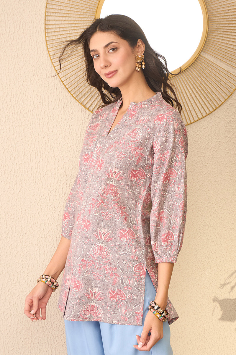 Grey Cotton Blend Floral Printed Regular Top VT1371 | DesiQlo