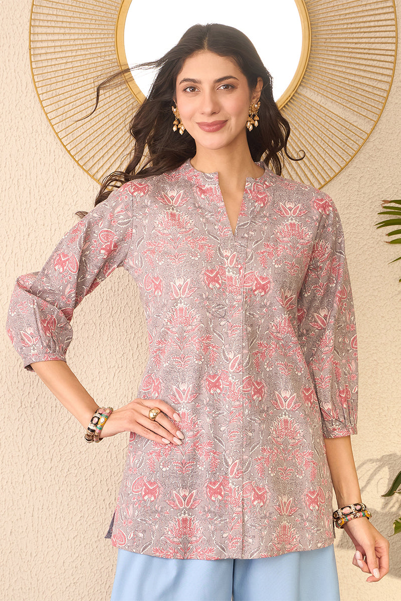 Grey Cotton Blend Floral Printed Regular Top VT1371 | DesiQlo