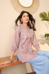 Grey Cotton Blend Floral Printed Regular Top VT1371