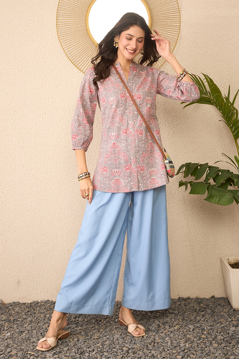 Grey Cotton Blend Floral Printed Regular Top VT1371 | DesiQlo