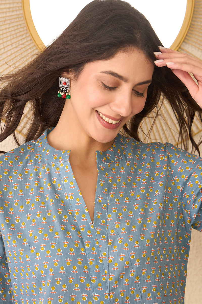Grey Cotton Blend Floral Printed Regular Top VT1372 | DesiQlo