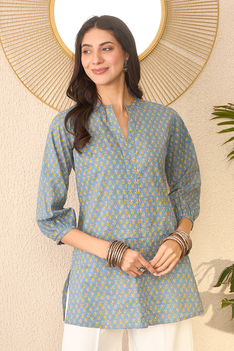 Grey Cotton Blend Floral Printed Regular Top VT1372 | DesiQlo