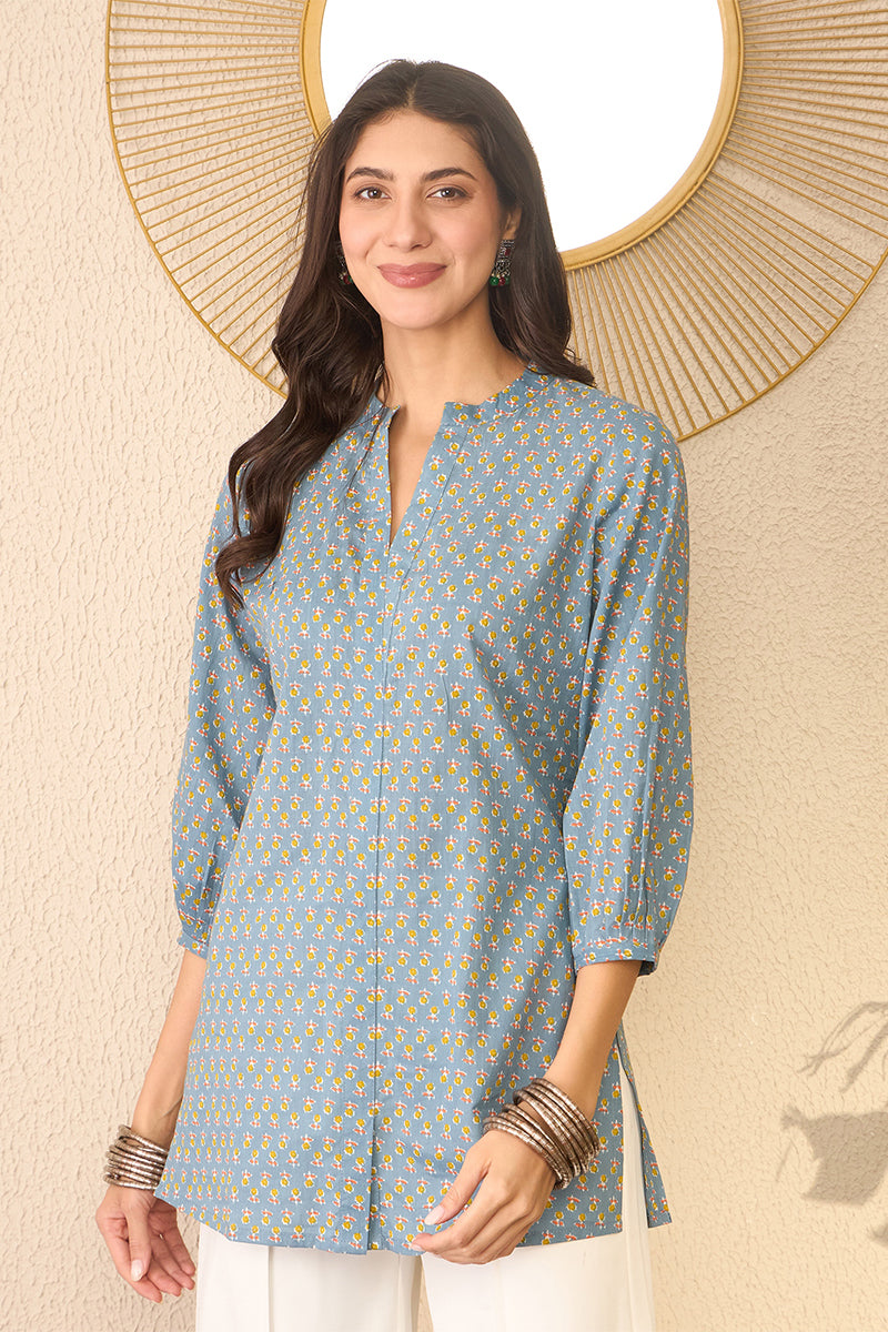 Grey Cotton Blend Floral Printed Regular Top VT1372 | DesiQlo