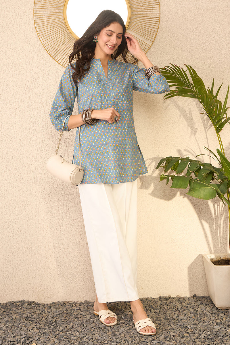 Grey Cotton Blend Floral Printed Regular Top VT1372 | DesiQlo