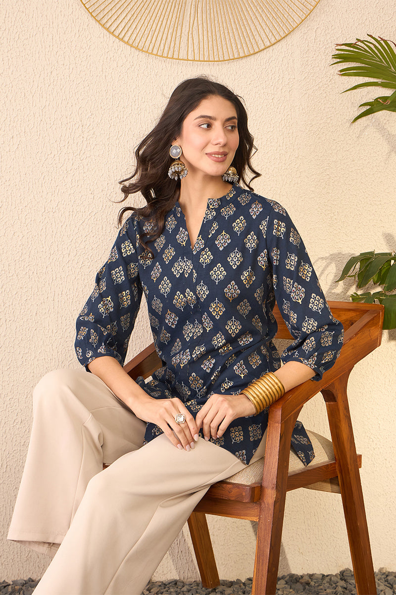 Navy Blue Cotton Blend Floral Printed Regular Top VT1373 | DesiQlo