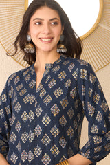 Navy Blue Cotton Blend Floral Printed Regular Top VT1373