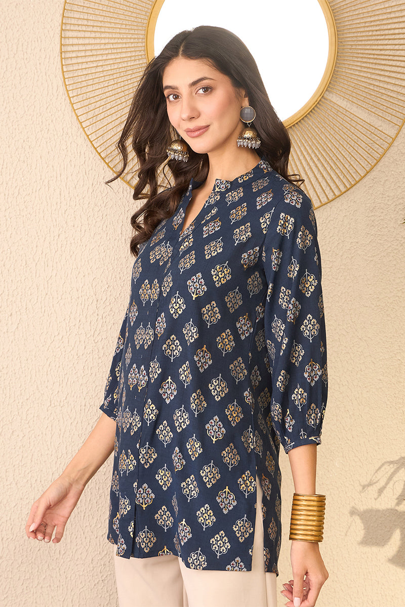 Navy Blue Cotton Blend Floral Printed Regular Top VT1373 | DesiQlo