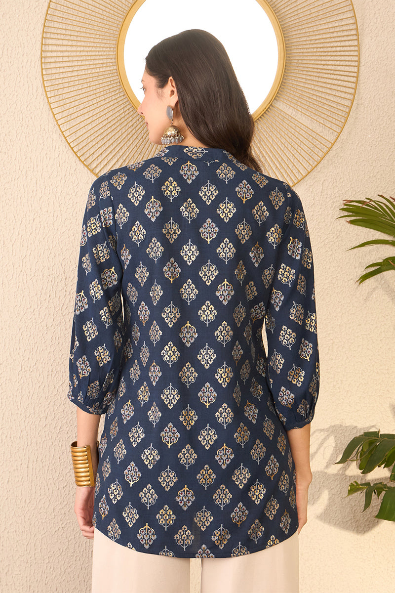 Navy Blue Cotton Blend Floral Printed Regular Top VT1373 | DesiQlo