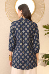 Navy Blue Cotton Blend Floral Printed Regular Top VT1373