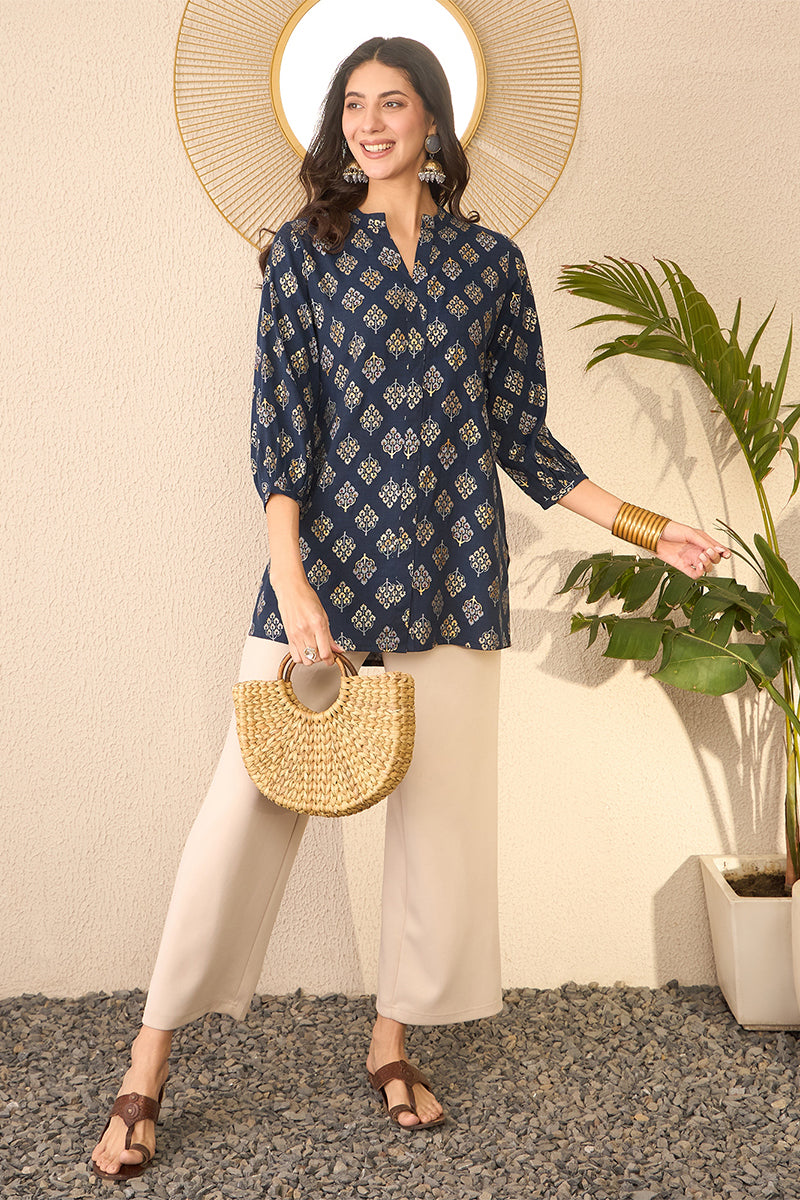 Navy Blue Cotton Blend Floral Printed Regular Top VT1373 | DesiQlo