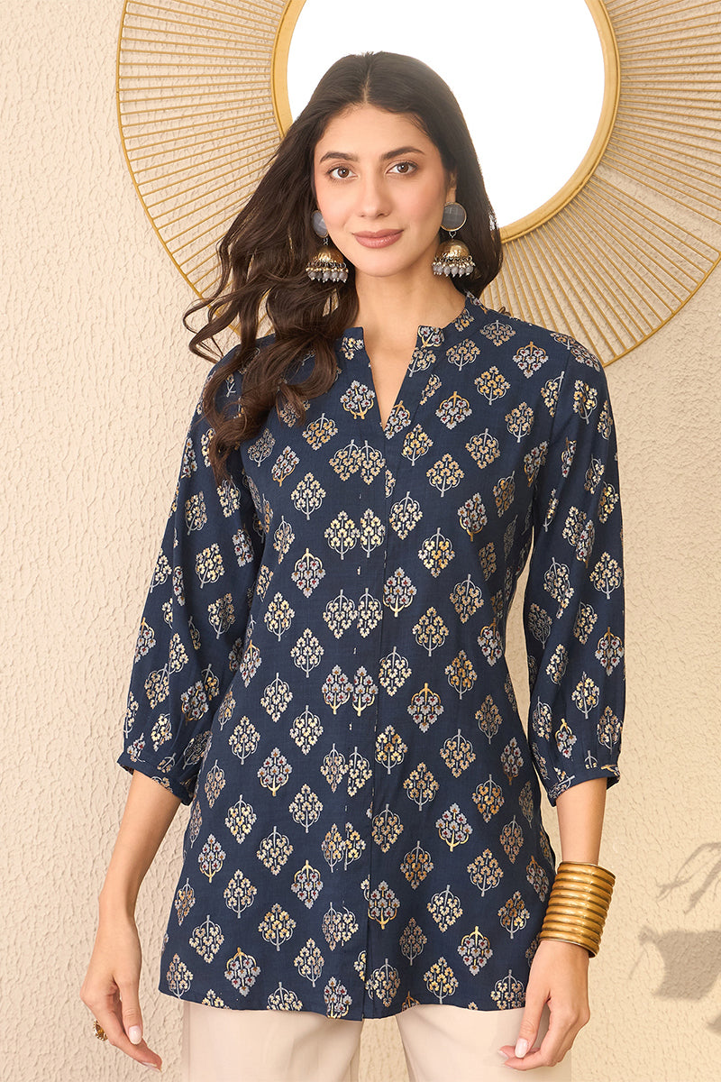 Navy Blue Cotton Blend Floral Printed Regular Top VT1373 | DesiQlo