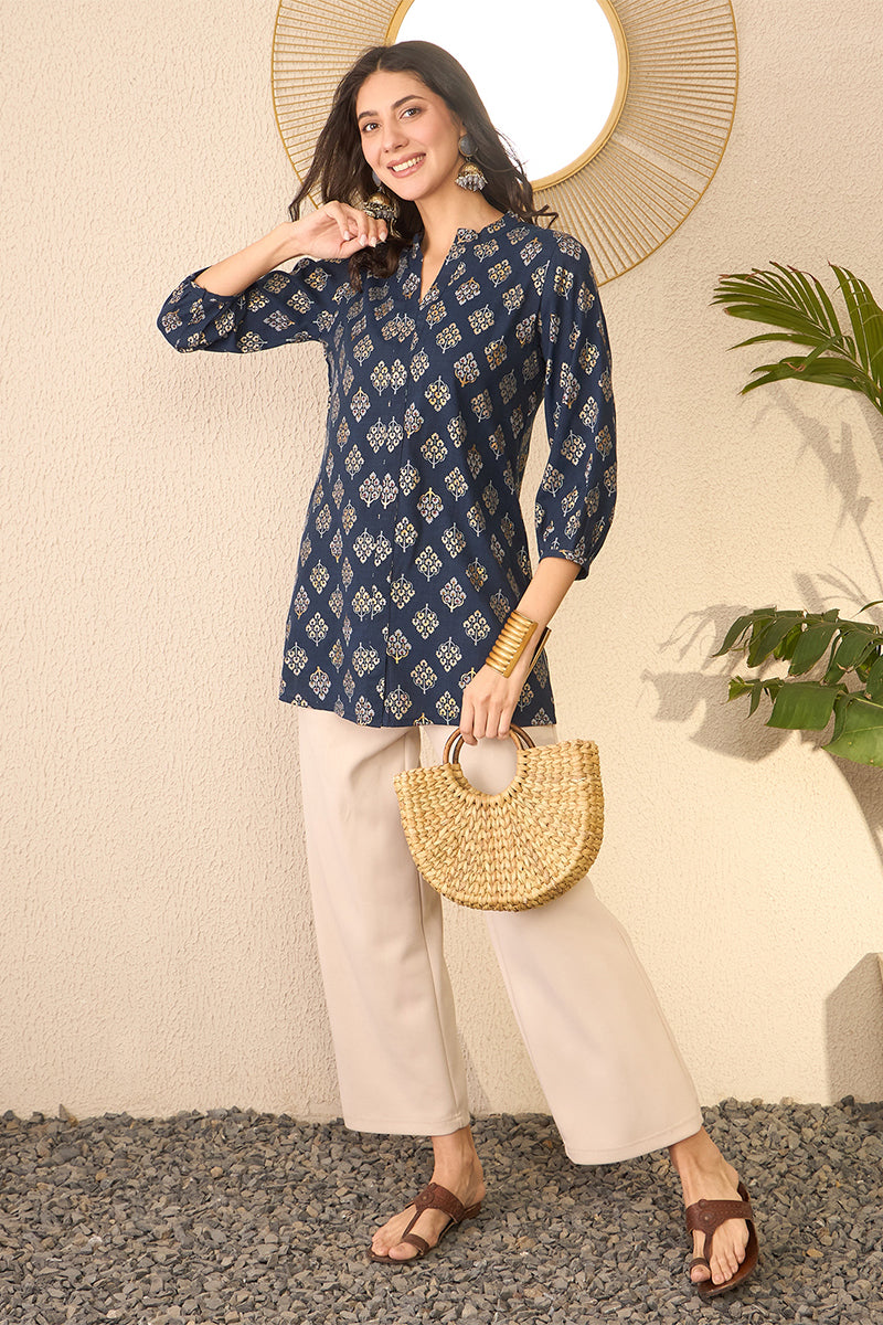 Navy Blue Cotton Blend Floral Printed Regular Top VT1373 | DesiQlo