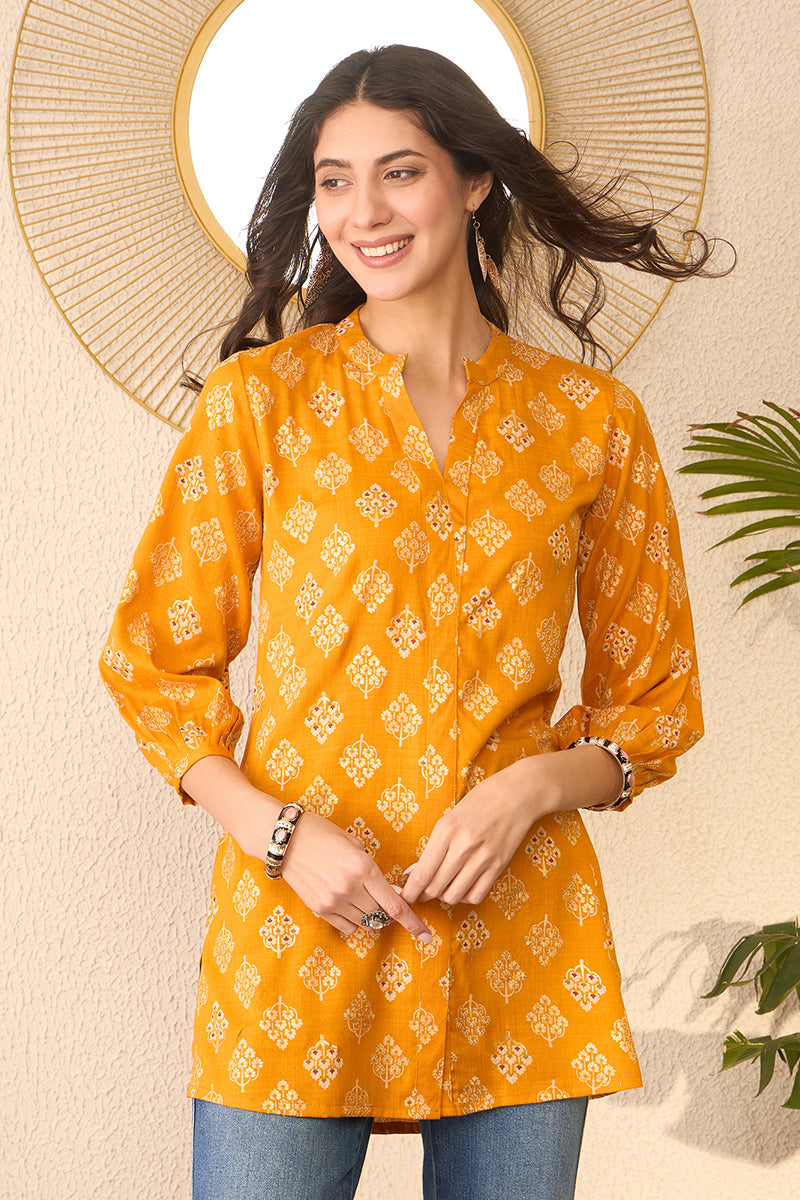 Yellow Cotton Blend Floral Printed Regular Top VT1374 | DesiQlo