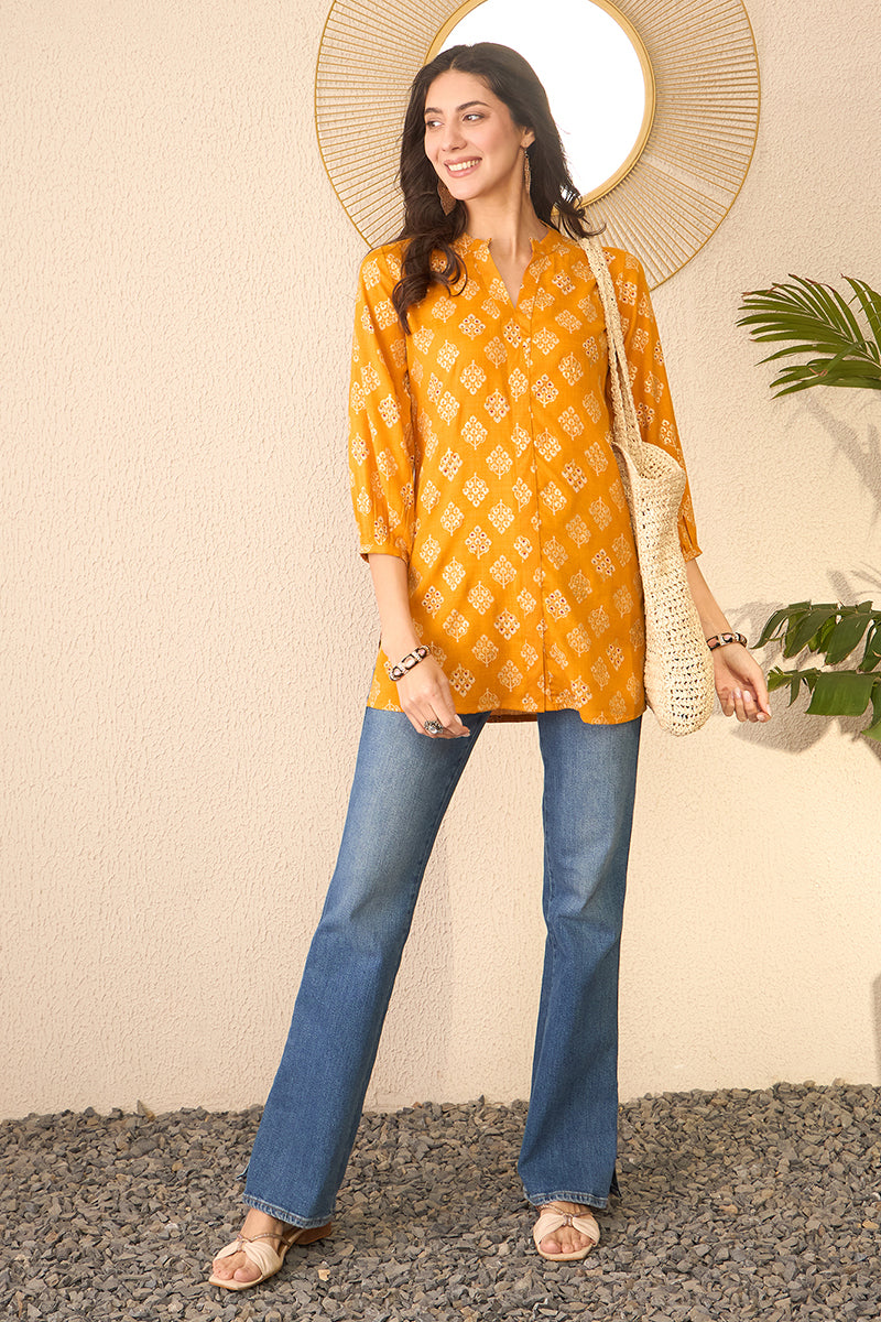 Yellow Cotton Blend Floral Printed Regular Top VT1374 | DesiQlo