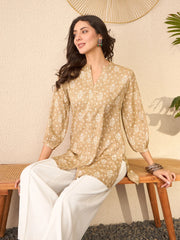 Women Beige Cotton Blend Floral Printed Regular Top-VT1375