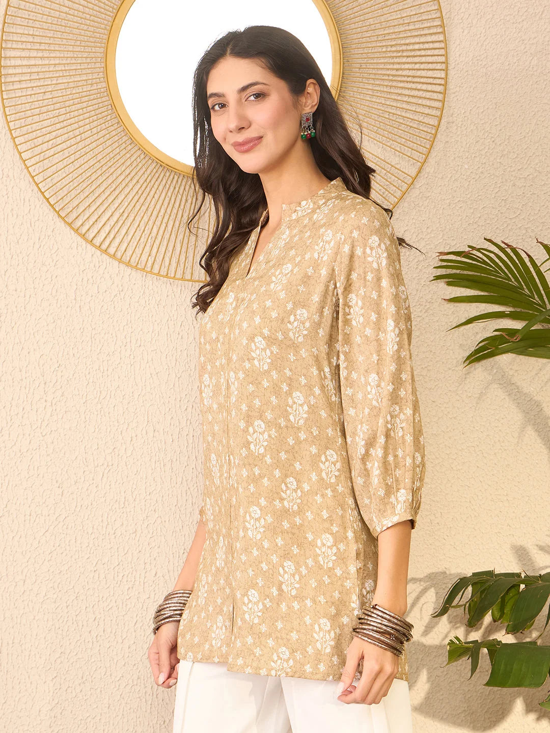 Women Beige Cotton Blend Floral Printed Regular Top