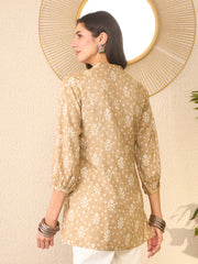 Women Beige Cotton Blend Floral Printed Regular Top-VT1375