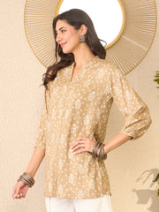 Women Beige Cotton Blend Floral Printed Regular Top-VT1375