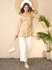 Women Beige Cotton Blend Floral Printed Regular Top-VT1375