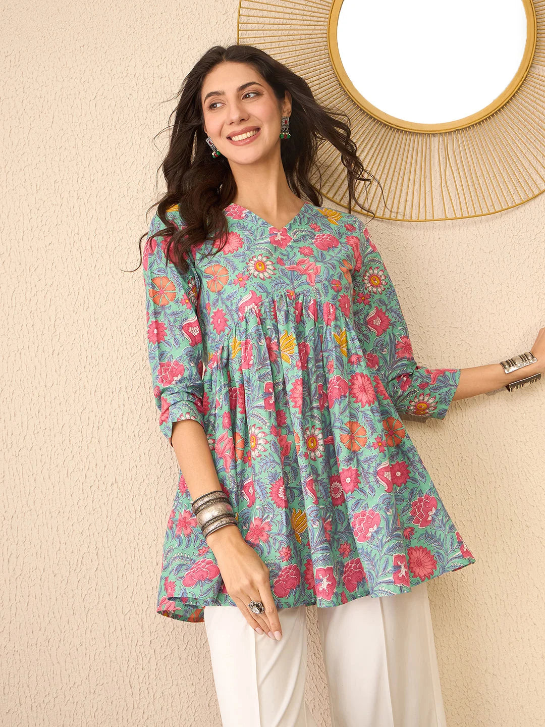 Women Green Cotton Blend Floral Printed Regular Peplum Top