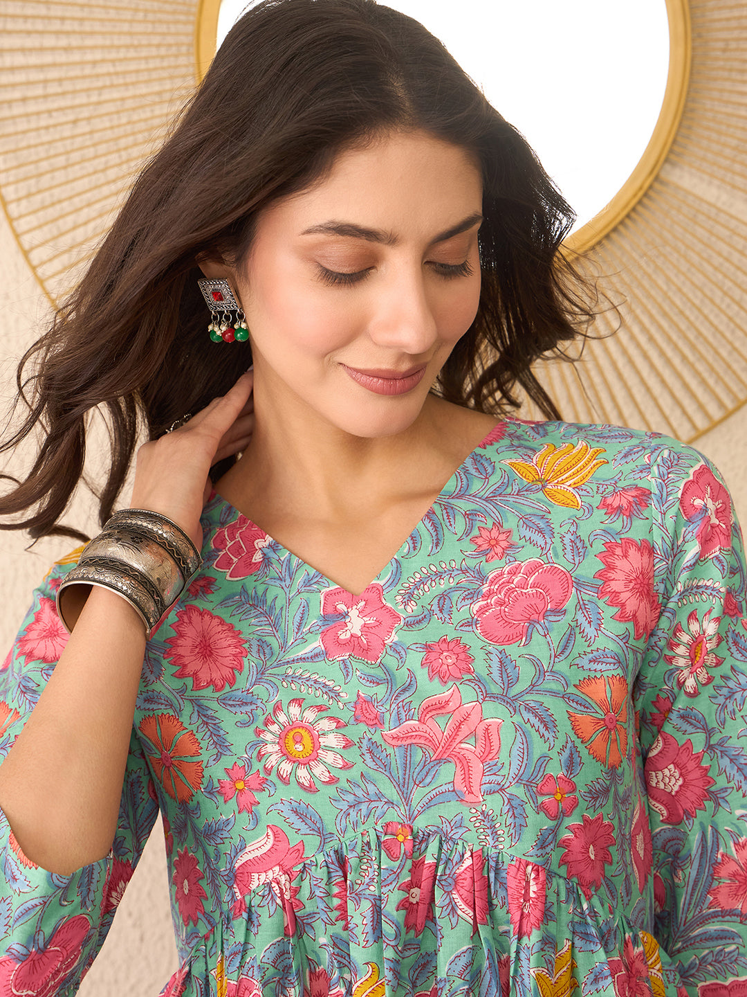 Women Green Cotton Blend Floral Printed Regular Peplum Top