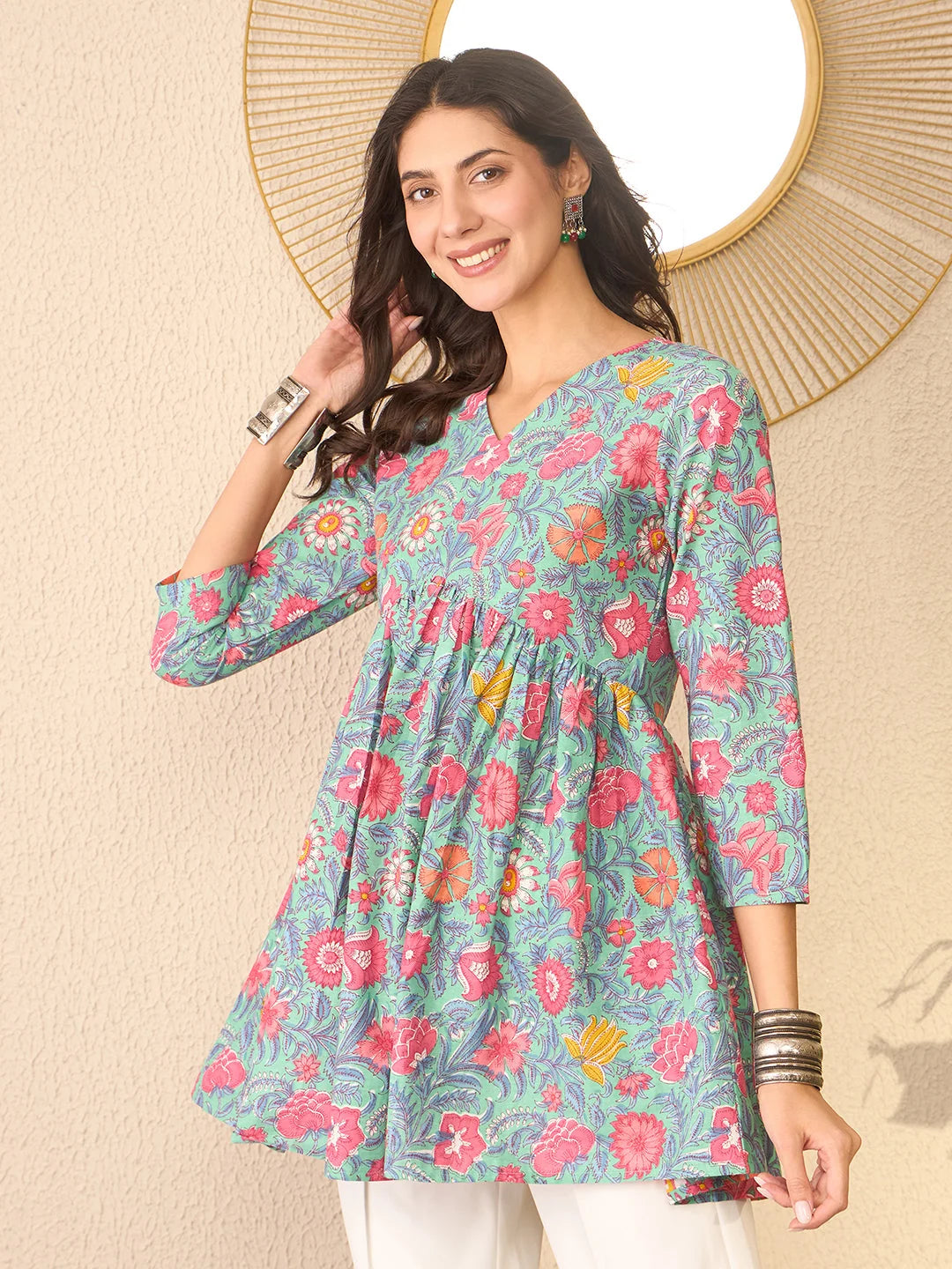 Women Green Cotton Blend Floral Printed Regular Peplum Top