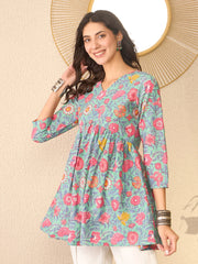Women Green Cotton Blend Floral Printed Regular Peplum Top-VT1376