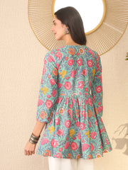 Women Green Cotton Blend Floral Printed Regular Peplum Top-VT1376