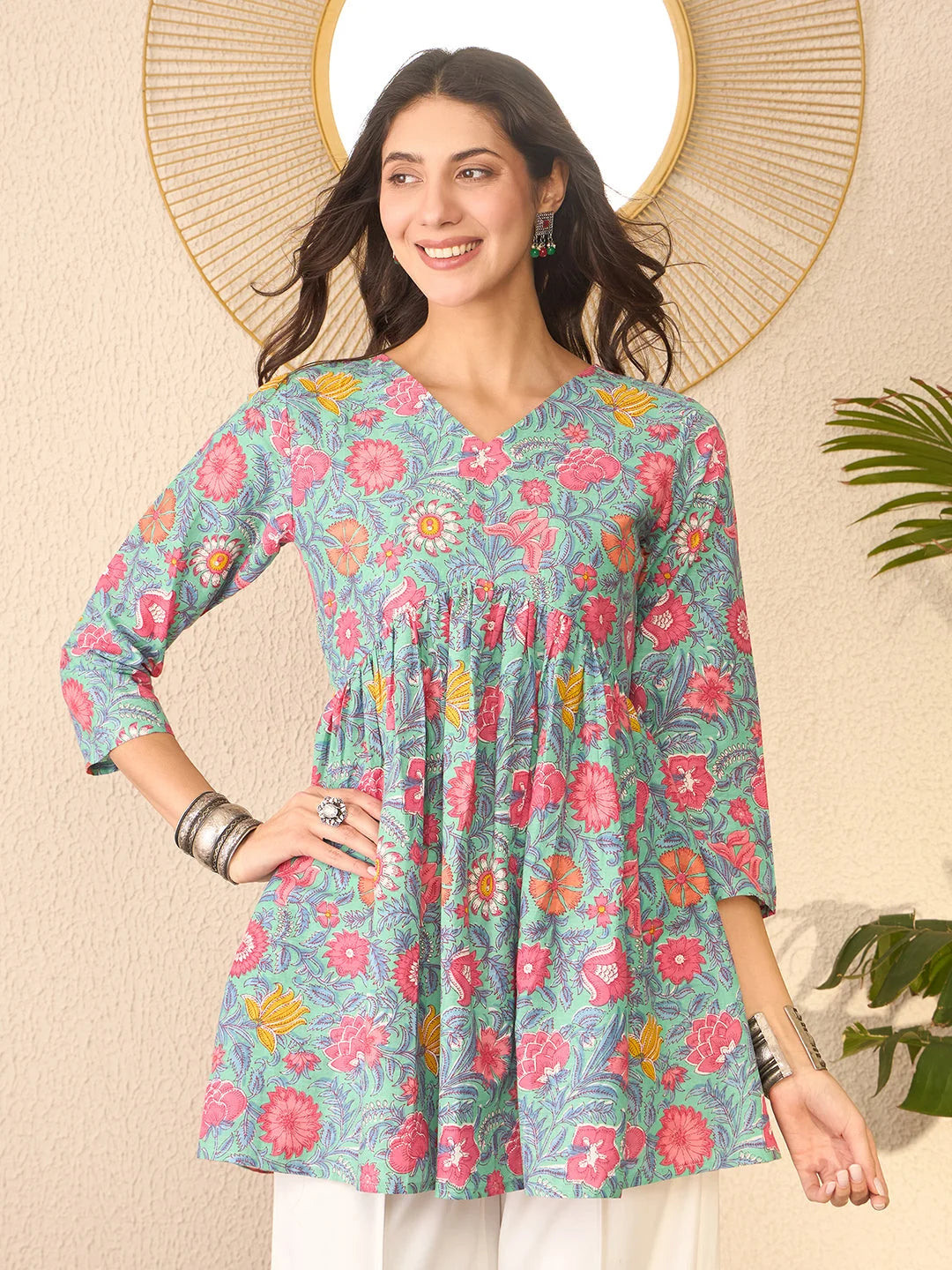 Women Green Cotton Blend Floral Printed Regular Peplum Top