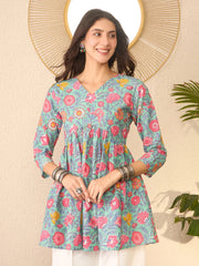 Women Green Cotton Blend Floral Printed Regular Peplum Top-VT1376