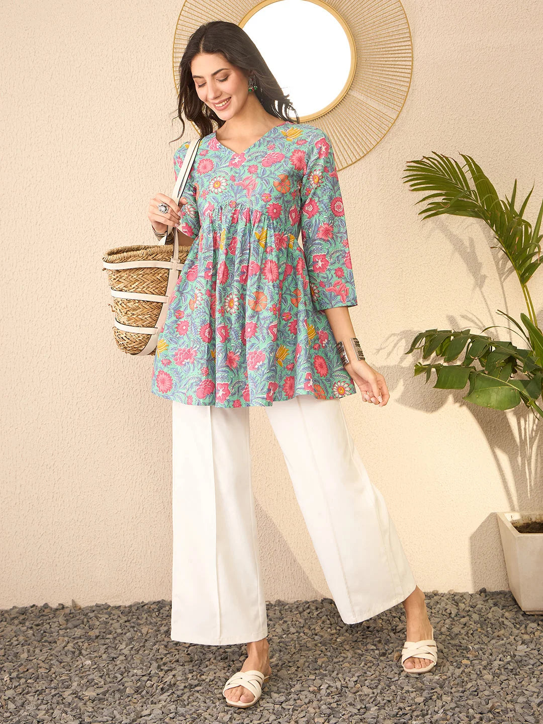 Women Green Cotton Blend Floral Printed Regular Peplum Top