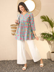 Women Green Cotton Blend Floral Printed Regular Peplum Top-VT1376