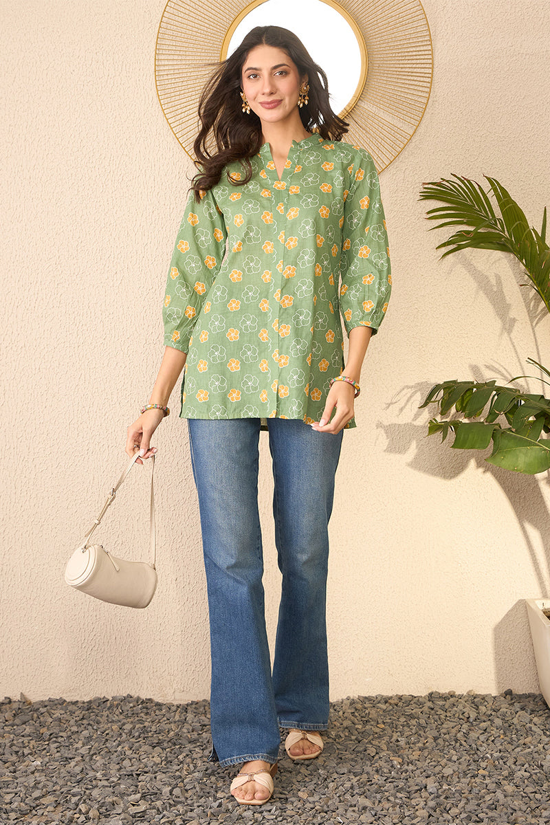 Green Cotton Blend Floral Printed Regular Top VT1377 | DesiQlo