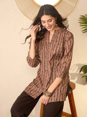 Women Brown Cotton Blend Ethnic Motifs Printed Regular Top-VT1378