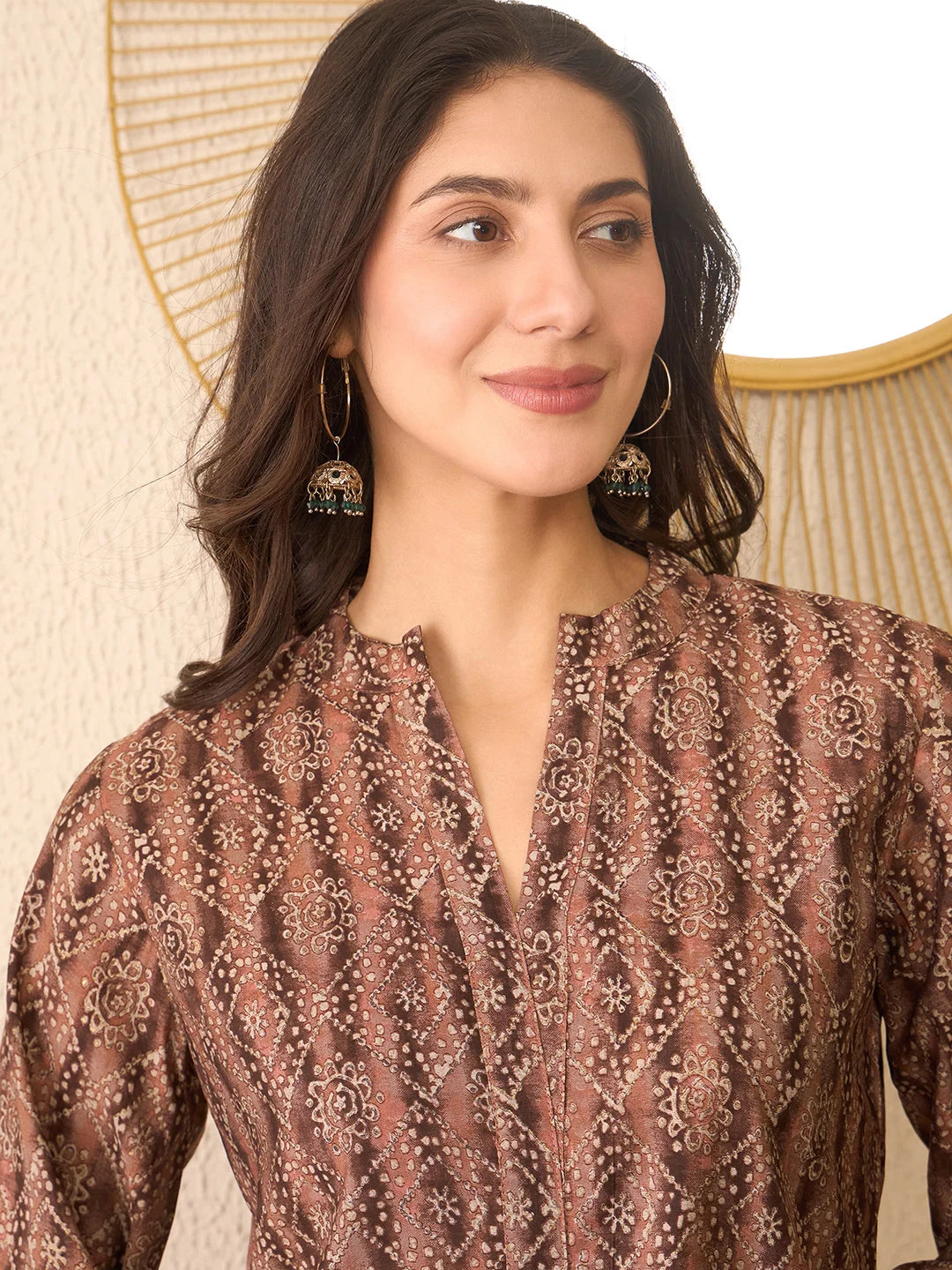 Women Brown Cotton Blend Ethnic Motifs Printed Regular Top