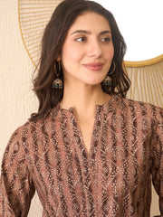 Women Brown Cotton Blend Ethnic Motifs Printed Regular Top-VT1378