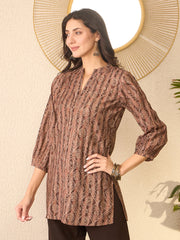 Women Brown Cotton Blend Ethnic Motifs Printed Regular Top-VT1378