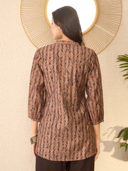 Women Brown Cotton Blend Ethnic Motifs Printed Regular Top-VT1378