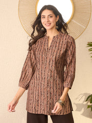 Women Brown Cotton Blend Ethnic Motifs Printed Regular Top-VT1378