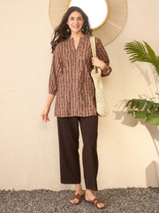 Women Brown Cotton Blend Ethnic Motifs Printed Regular Top-VT1378