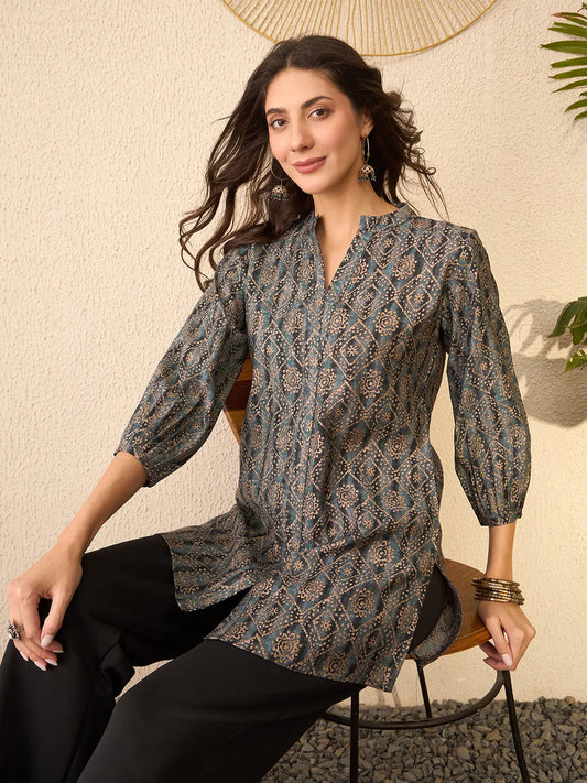 Women Grey Cotton Blend Ethnic Motifs Printed Regular Top-VT1379 1080