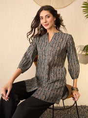 Women Grey Cotton Blend Ethnic Motifs Printed Regular Top-VT1379
