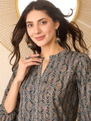 Women Grey Cotton Blend Ethnic Motifs Printed Regular Top-VT1379