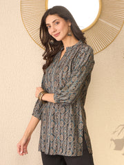 Women Grey Cotton Blend Ethnic Motifs Printed Regular Top-VT1379
