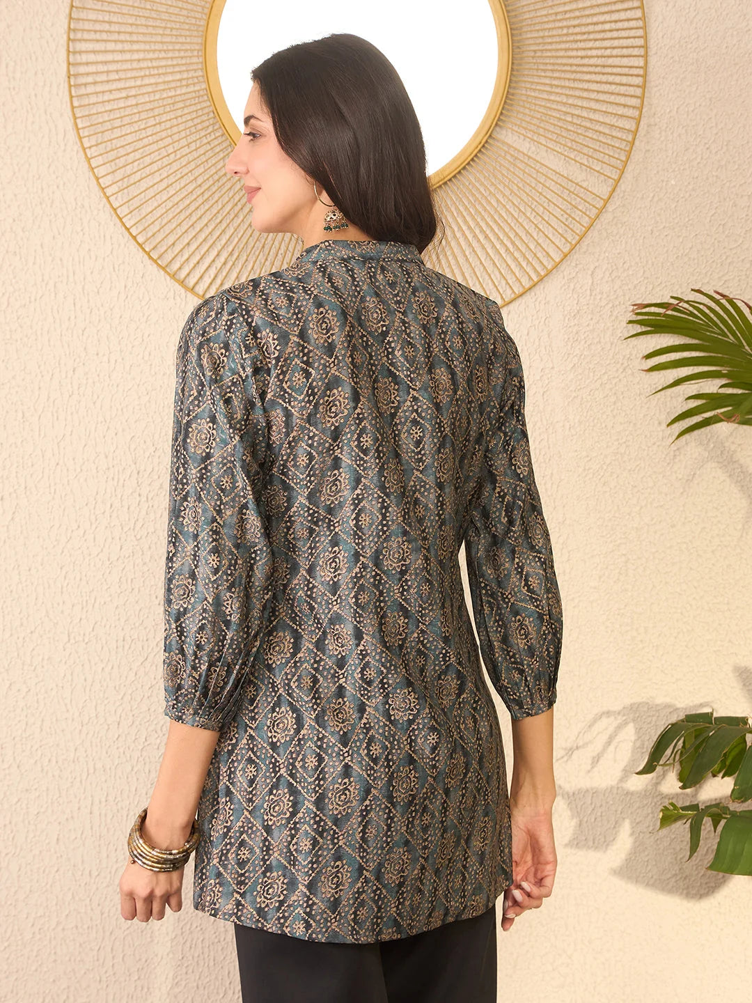 Women Grey Cotton Blend Ethnic Motifs Printed Regular Top