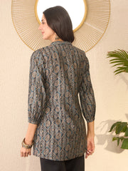 Women Grey Cotton Blend Ethnic Motifs Printed Regular Top-VT1379