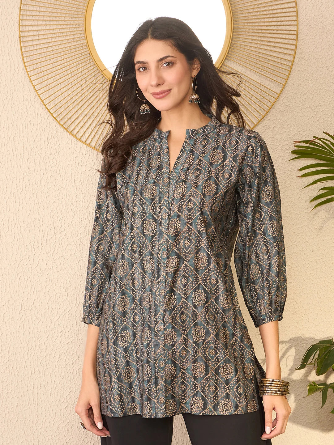 Women Grey Cotton Blend Ethnic Motifs Printed Regular Top