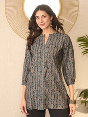 Women Grey Cotton Blend Ethnic Motifs Printed Regular Top-VT1379