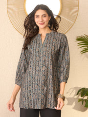 Women Grey Cotton Blend Ethnic Motifs Printed Regular Top-VT1379